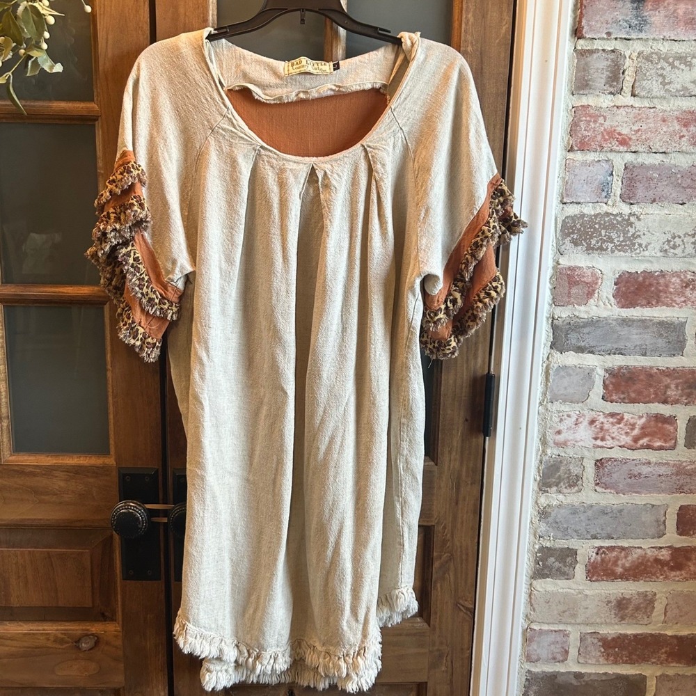 Bad Little Country Girl Tina Dress Large Linen Blend‎ Leopard Ruffle Fringe Hem
